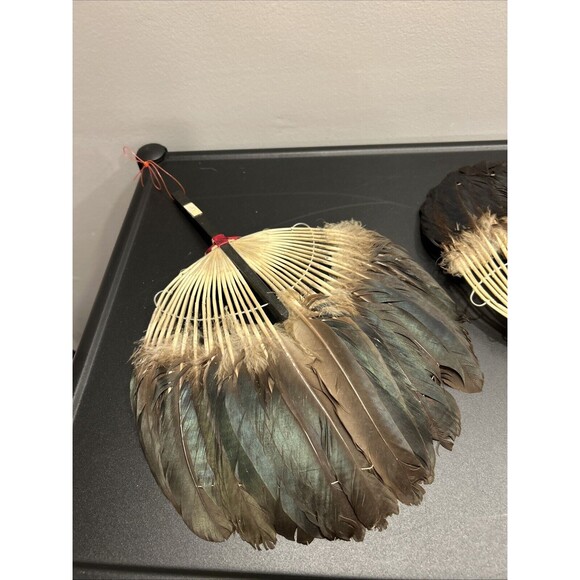 Vintage Asian Chinese Pien Mien Feather Fan Hand Fan Pair Set Of 2 Goose/duck? - Picture 3 of 14